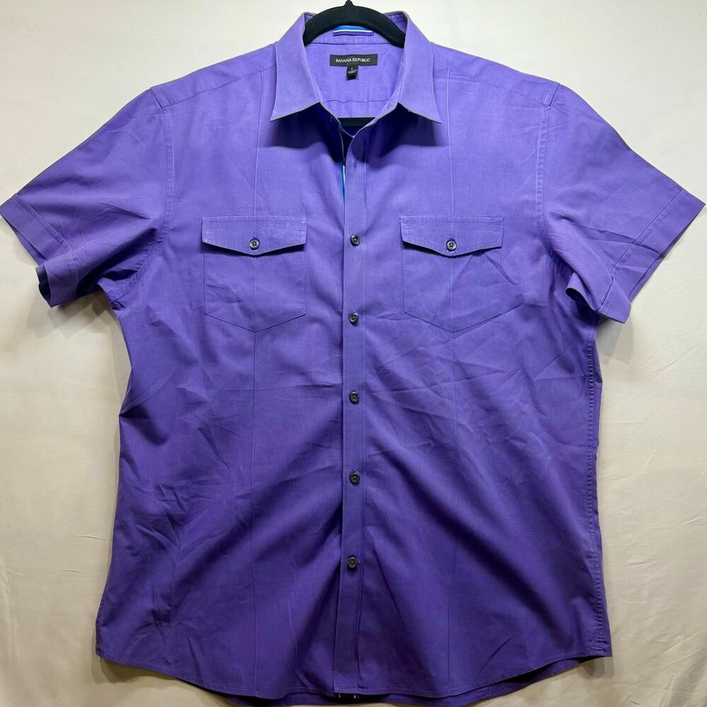 Banana Republic Purple Short Sleeve Button Up Shirt Utility Pockets Preppy-Large
